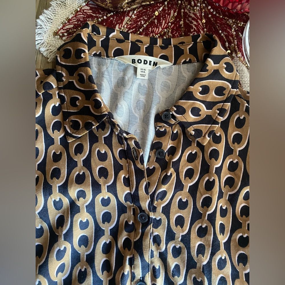 Boden Laura Jersey Midi Shirt DressCamel Geo Chain Long Sleeve Sz 8 - Picture 11 of 11